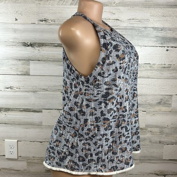 Anthropologie W5 Blue Leopard Print Halter Tank  Top Women’s Size Medium Fringe - Picture 3 of 12